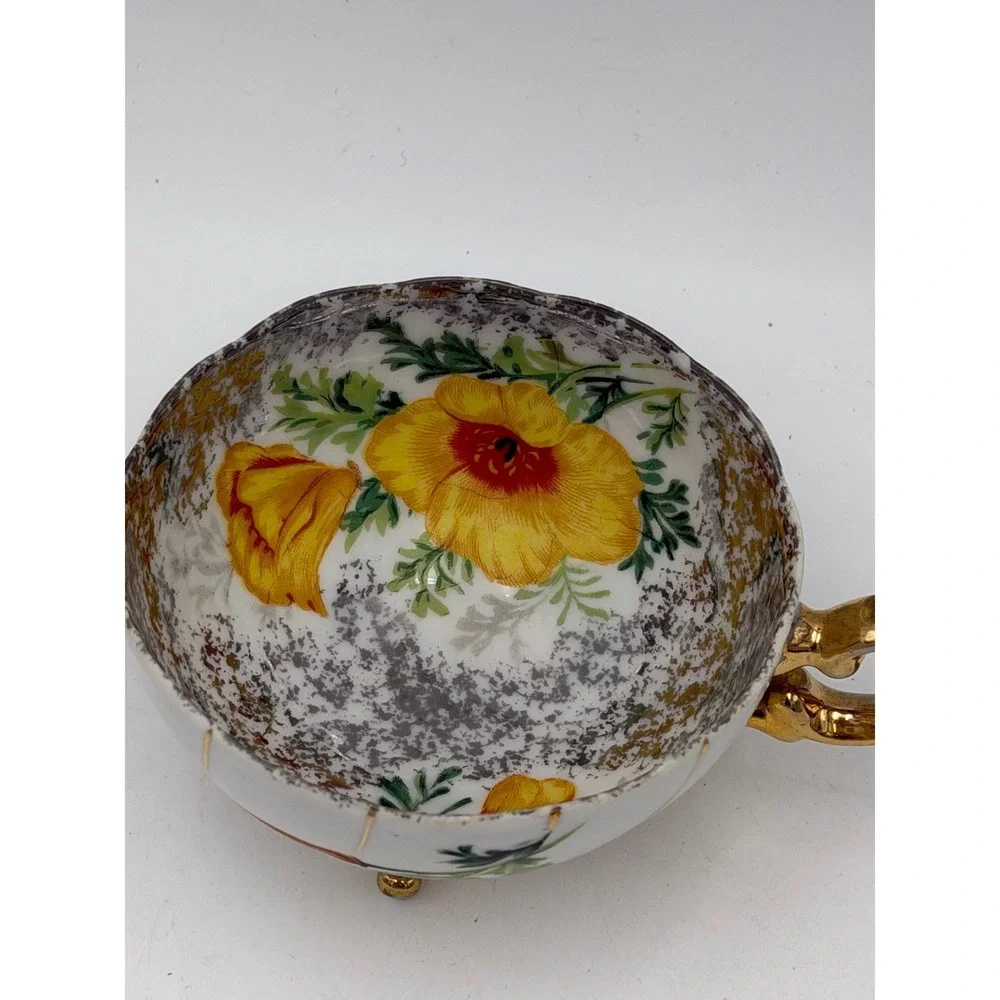 Vtg 1930s Footed Eggshell Porcelain Teacup Yellow Floral Poppy Gold Hand Painted